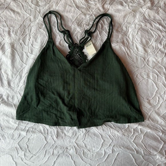 Aerie Army Green Crop Top Lace Detail Racerback Built in Bra - Picture 1 of 7